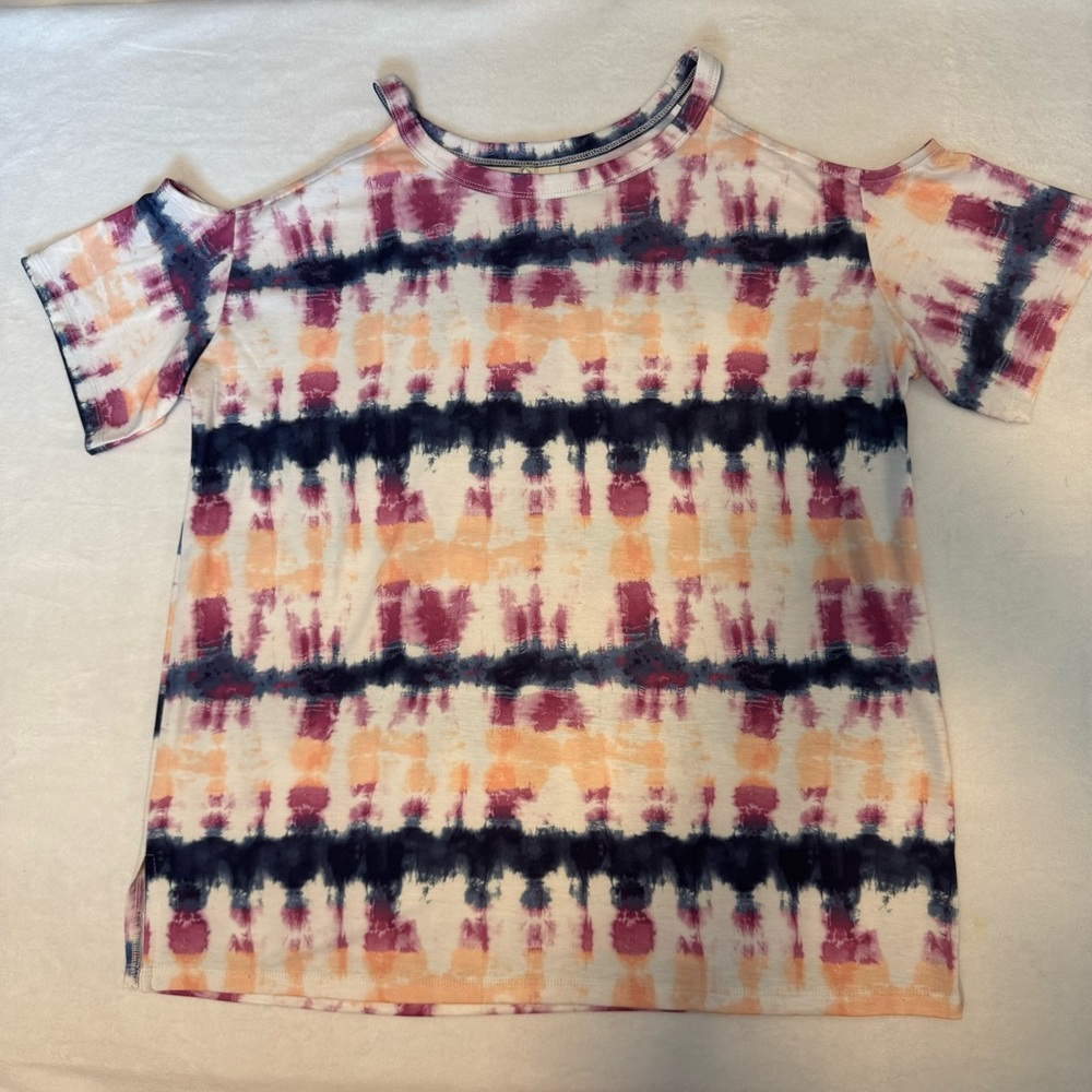 Live Well Active Tie-Dye Cold Shoulder Tee Short Sleeve Multicolor Stretch Boho